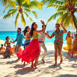 A vibrant scene of a group of people dancing energetically on a sunny Latin beach, showcasing a diverse group of dancers in colorful clothing, with flowing skirts and lively shirts, as they perform traditional Latin dance moves
