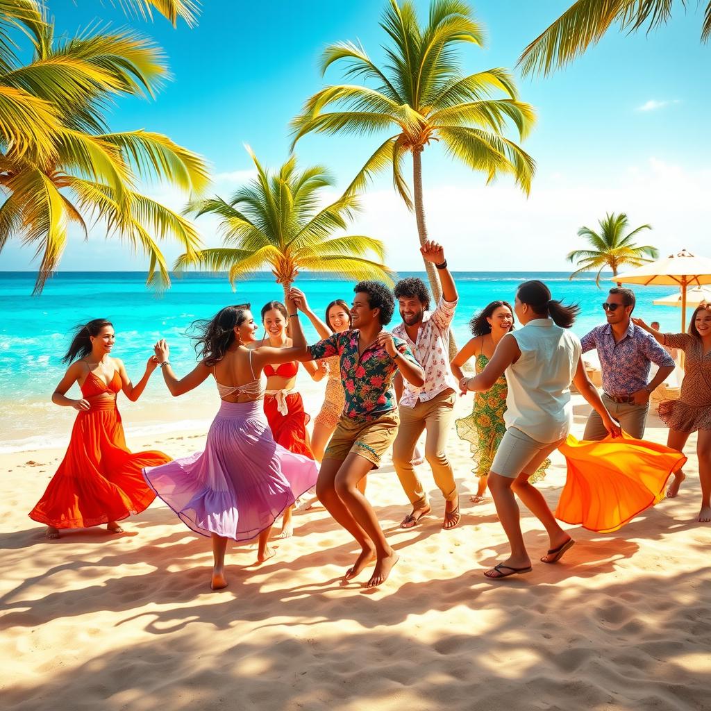 A vibrant scene of a group of people dancing energetically on a sunny Latin beach, showcasing a diverse group of dancers in colorful clothing, with flowing skirts and lively shirts, as they perform traditional Latin dance moves
