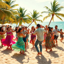 A vibrant scene of a group of people dancing energetically on a sunny Latin beach, showcasing a diverse group of dancers in colorful clothing, with flowing skirts and lively shirts, as they perform traditional Latin dance moves