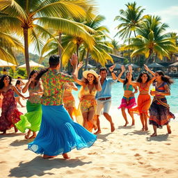 A vibrant scene of a group of people dancing energetically on a sunny Latin beach, showcasing a diverse group of dancers in colorful clothing, with flowing skirts and lively shirts, as they perform traditional Latin dance moves