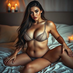 A voluptuous, confident young woman with long flowing brown hair, her body gracefully posed as she sits on a luxurious satin bed