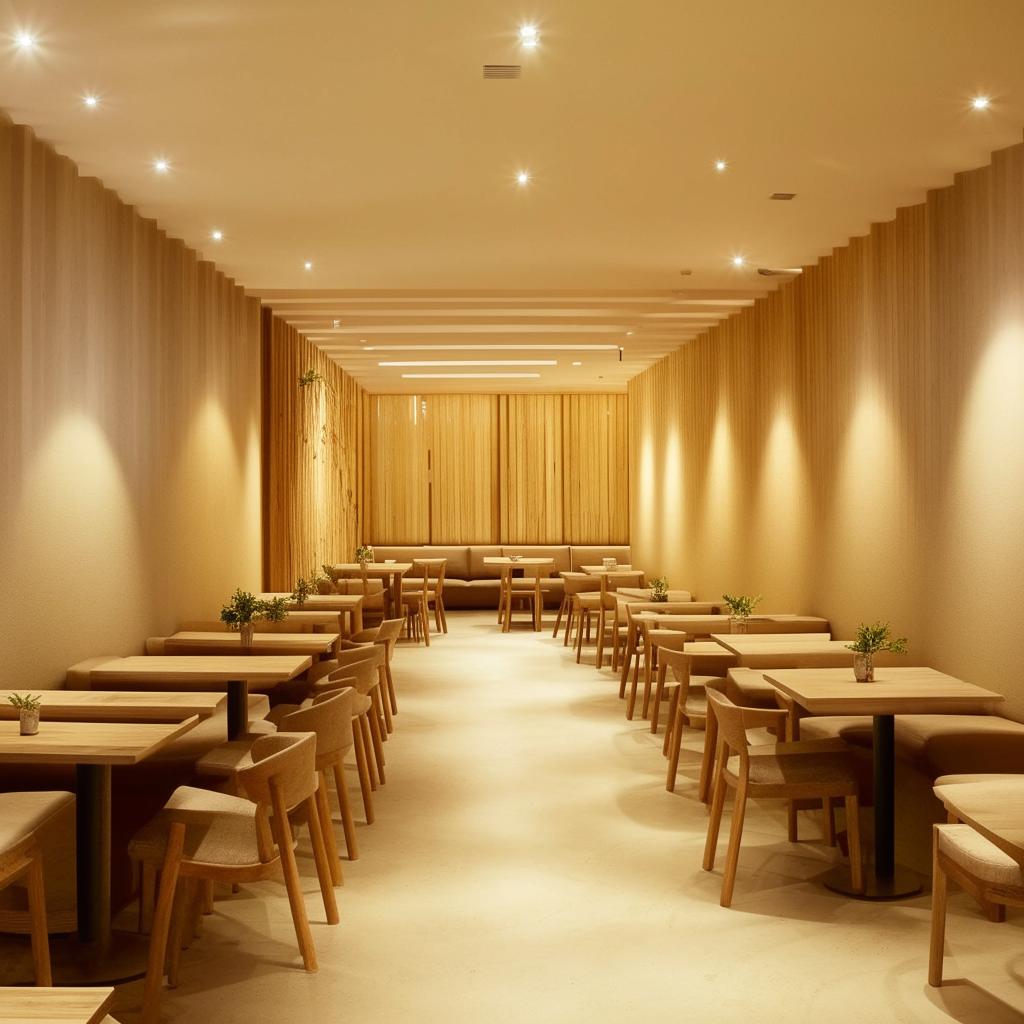 Interior design of a square-shaped coffee shop featuring a customer seating hall with light-toned background colors, comfortable furnishings, and mellow lighting.