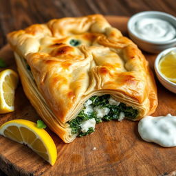 A delicious, golden-brown spanakopita, a traditional Greek pastry filled with spinach, feta cheese, and herbs