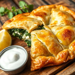 A delicious, golden-brown spanakopita, a traditional Greek pastry filled with spinach, feta cheese, and herbs