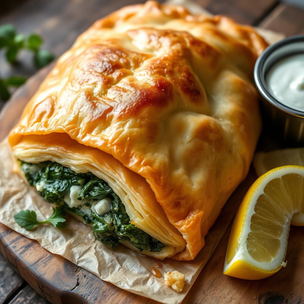 A delicious, golden-brown spanakopita, a traditional Greek pastry filled with spinach, feta cheese, and herbs
