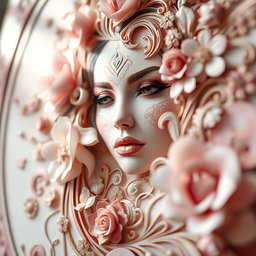 a close-up shot of a beautifully designed art piece representing femininity and beauty, showcasing intricate details of floral elements intertwined with abstract patterns, exuding a sense of elegance and allure, surrounded by soft pastel colors and ethereal lighting that creates a dreamy atmosphere
