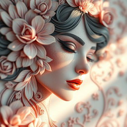 a close-up shot of a beautifully designed art piece representing femininity and beauty, showcasing intricate details of floral elements intertwined with abstract patterns, exuding a sense of elegance and allure, surrounded by soft pastel colors and ethereal lighting that creates a dreamy atmosphere