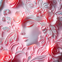 a close-up shot of a beautifully designed art piece representing femininity and beauty, showcasing intricate details of floral elements intertwined with abstract patterns, exuding a sense of elegance and allure, surrounded by soft pastel colors and ethereal lighting that creates a dreamy atmosphere