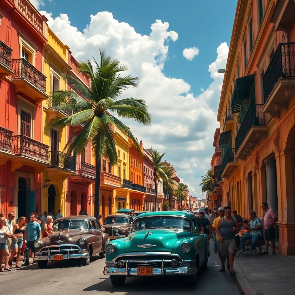 A vibrant street scene in Cuba showcasing colorful colonial architecture, classic vintage cars, and lively street life