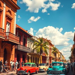 A vibrant street scene in Cuba showcasing colorful colonial architecture, classic vintage cars, and lively street life