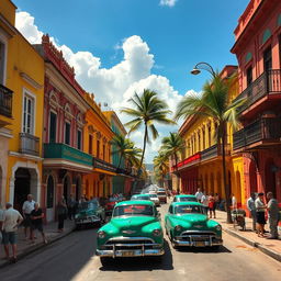 A vibrant street scene in Cuba showcasing colorful colonial architecture, classic vintage cars, and lively street life
