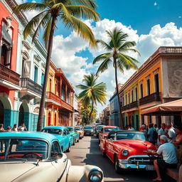 A vibrant street scene in Cuba showcasing colorful colonial architecture, classic vintage cars, and lively street life