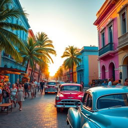 A vibrant street scene in Havana, Cuba, showcasing colorful colonial buildings with bright blue, pink, and yellow facades