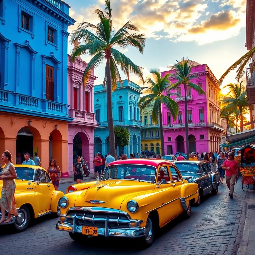 A vibrant street scene in Havana, Cuba, showcasing colorful colonial buildings with bright blue, pink, and yellow facades