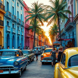 A vibrant street scene in Havana, Cuba, showcasing colorful colonial buildings with bright blue, pink, and yellow facades