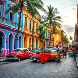 A vibrant street scene in Havana, Cuba, showcasing colorful colonial buildings with bright blue, pink, and yellow facades