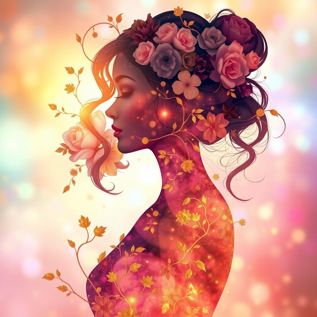 A highly detailed and vibrant artistic depiction of a female silhouette surrounded by soft, ethereal light