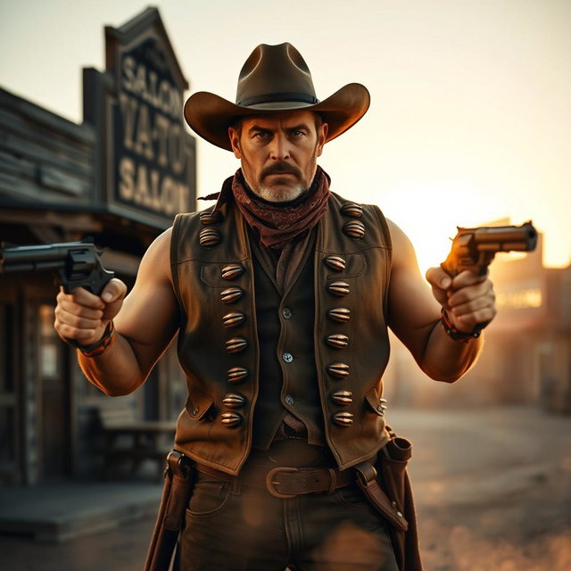 A fierce gunslinger standing confidently in a dusty Wild West town, wearing a classic cowboy hat, a rugged leather vest adorned with bullet loops, and a bandana around the neck
