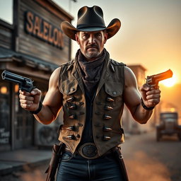 A fierce gunslinger standing confidently in a dusty Wild West town, wearing a classic cowboy hat, a rugged leather vest adorned with bullet loops, and a bandana around the neck