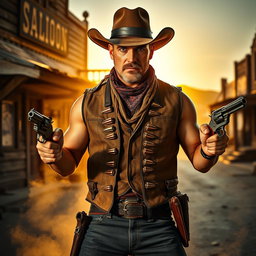A fierce gunslinger standing confidently in a dusty Wild West town, wearing a classic cowboy hat, a rugged leather vest adorned with bullet loops, and a bandana around the neck