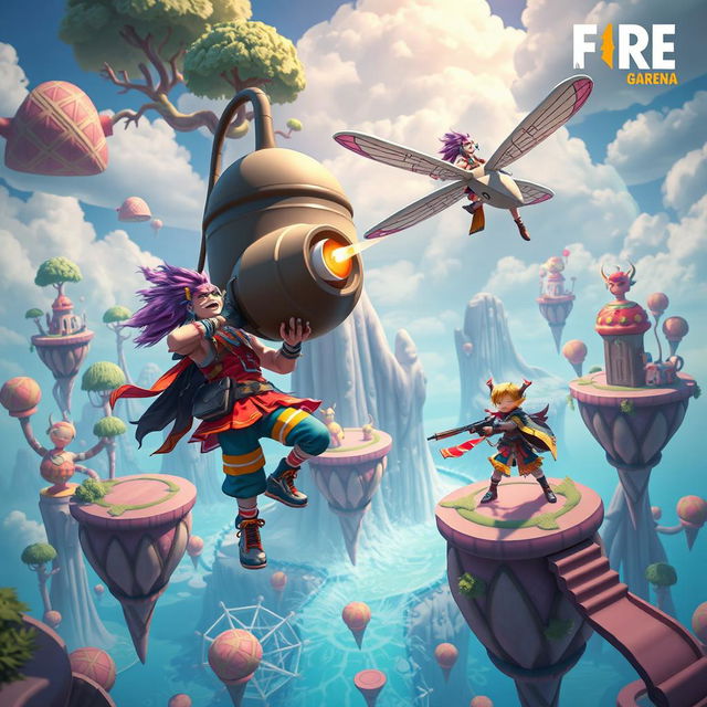 A surreal depiction of a Free Fire Garena themed scene, featuring an exaggeratedly whimsical battleground with oversized weapons, floating platforms, and quirky character designs