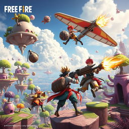 A surreal depiction of a Free Fire Garena themed scene, featuring an exaggeratedly whimsical battleground with oversized weapons, floating platforms, and quirky character designs