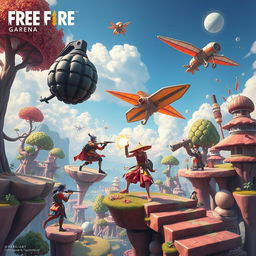 A surreal depiction of a Free Fire Garena themed scene, featuring an exaggeratedly whimsical battleground with oversized weapons, floating platforms, and quirky character designs