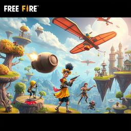 A surreal depiction of a Free Fire Garena themed scene, featuring an exaggeratedly whimsical battleground with oversized weapons, floating platforms, and quirky character designs