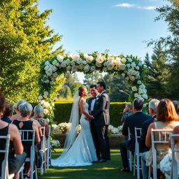 A beautiful and romantic outdoor wedding ceremony set in a picturesque garden
