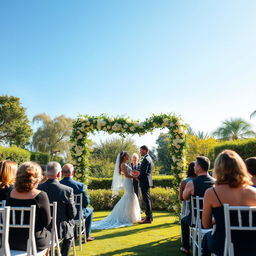 A beautiful and romantic outdoor wedding ceremony set in a picturesque garden