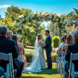 A beautiful and romantic outdoor wedding ceremony set in a picturesque garden