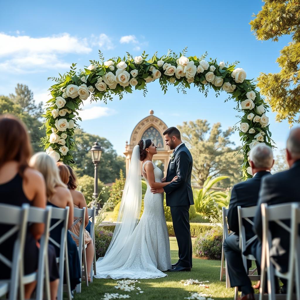 A beautiful and romantic outdoor wedding ceremony set in a picturesque garden