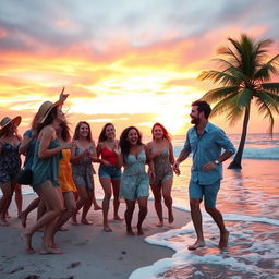 A joyful scene of a group of friends dancing on a sandy beach during sunset