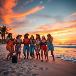 A joyful scene of a group of friends dancing on a sandy beach during sunset