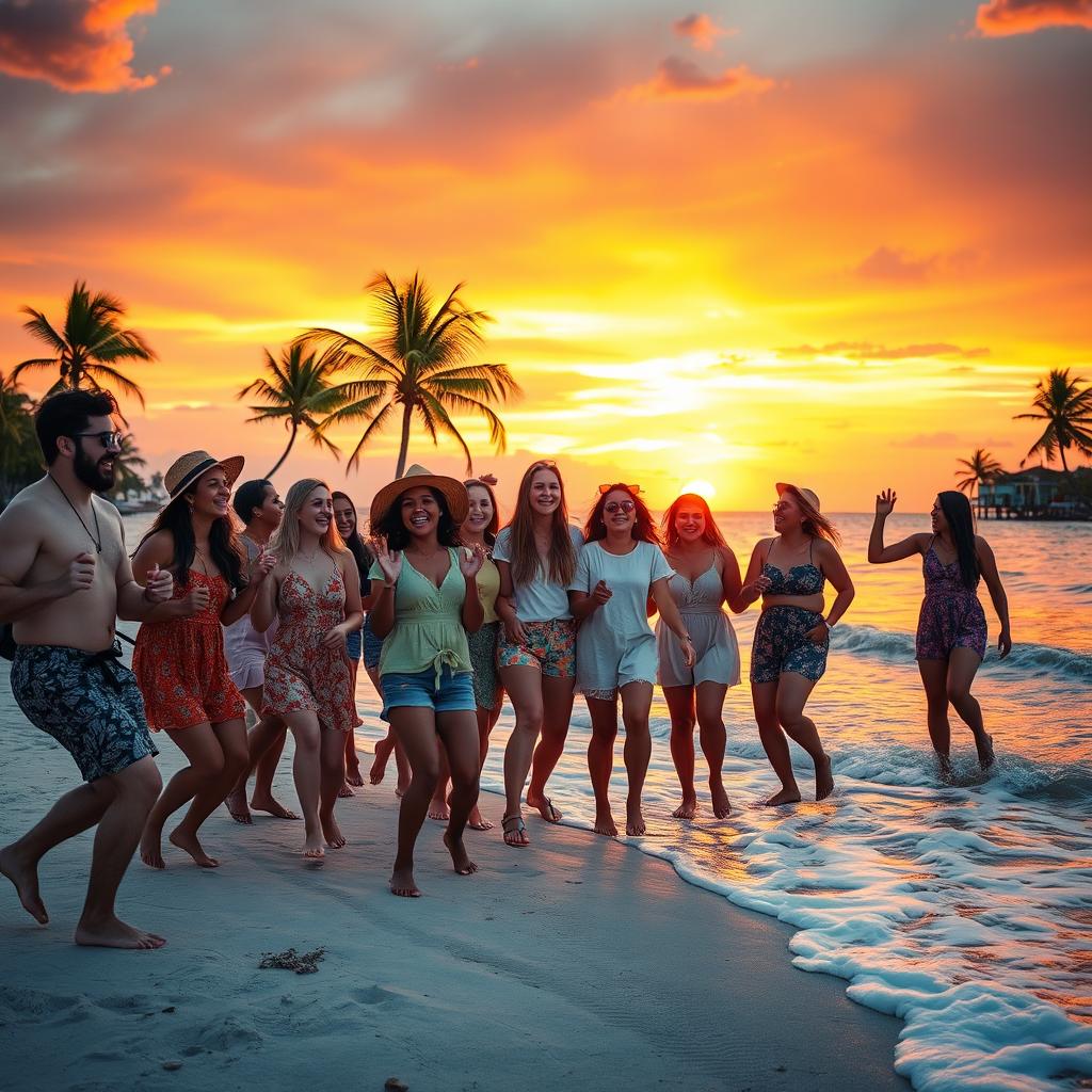 A joyful scene of a group of friends dancing on a sandy beach during sunset