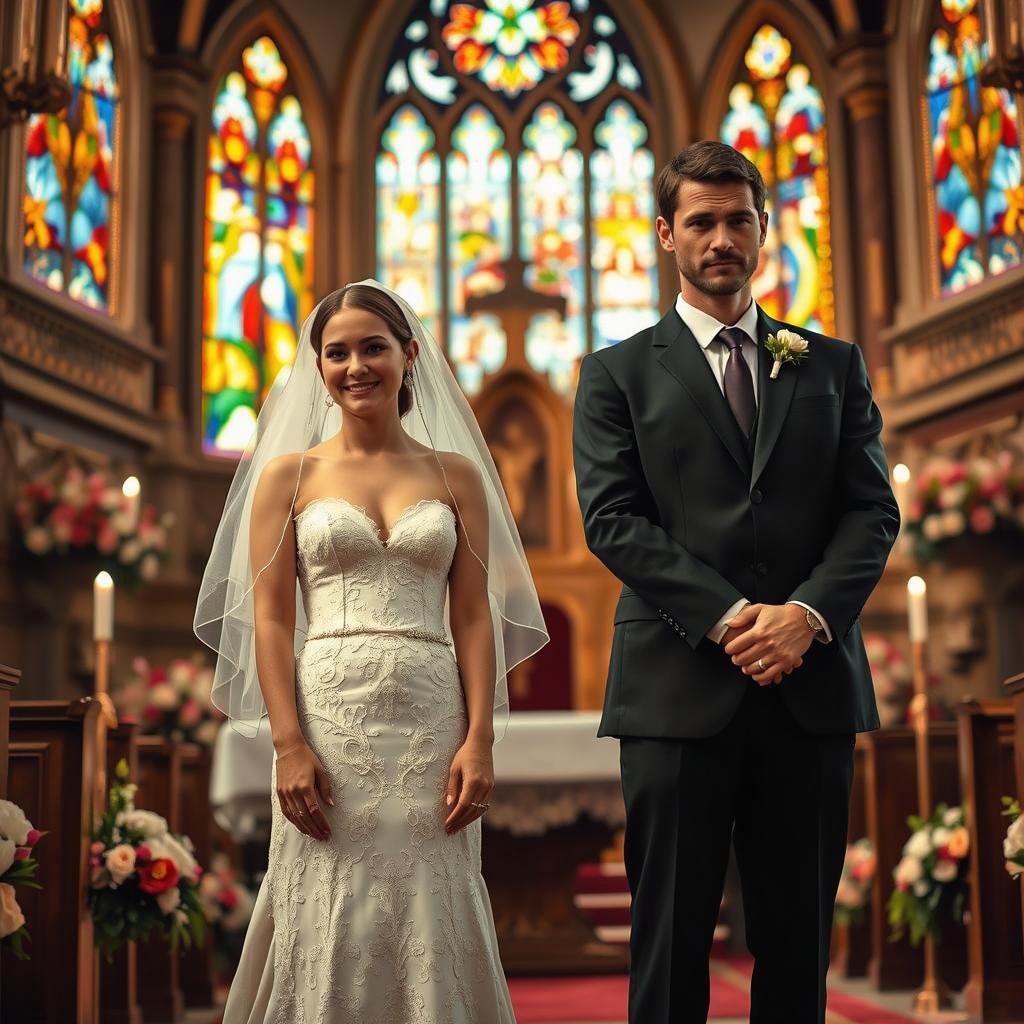 A beautiful bride and groom standing together in a church