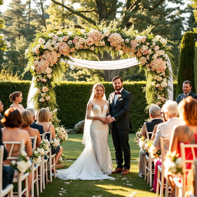 A beautiful outdoor wedding ceremony set in a lush garden, decorated with elegant floral arrangements and white draping