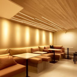 Interior design of a square-shaped coffee shop featuring a customer seating hall with light-toned background colors, comfortable furnishings, and mellow lighting.