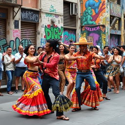 A lively scene of Latin street dancers performing passionately on an urban street corner