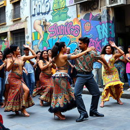A lively scene of Latin street dancers performing passionately on an urban street corner