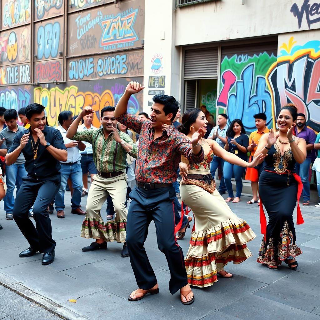 A lively scene of Latin street dancers performing passionately on an urban street corner