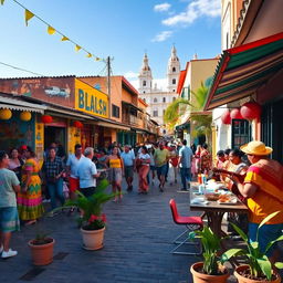 A vibrant and colorful Latin street scene filled with lively street vendors, traditional architecture, and festive decorations