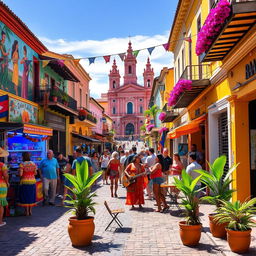 A vibrant and colorful Latin street scene filled with lively street vendors, traditional architecture, and festive decorations