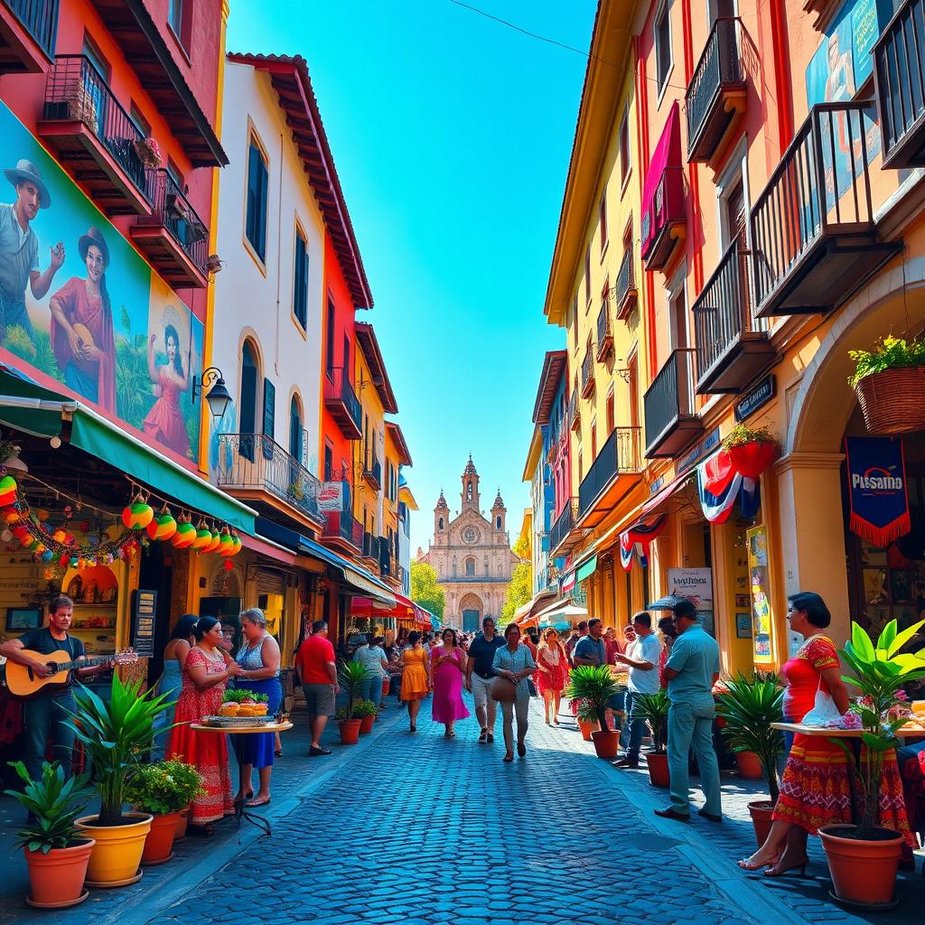 A vibrant and colorful Latin street scene filled with lively street vendors, traditional architecture, and festive decorations