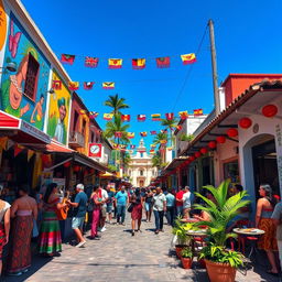 A vibrant and colorful Latin street scene filled with lively street vendors, traditional architecture, and festive decorations