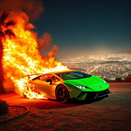 A dramatic scene featuring a bright green Lamborghini engulfed in flames, positioned beside palm trees on a mountaintop overlooking Los Angeles