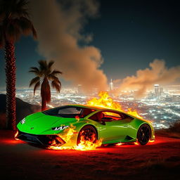 A dramatic scene featuring a bright green Lamborghini engulfed in flames, positioned beside palm trees on a mountaintop overlooking Los Angeles