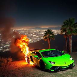 A dramatic scene featuring a bright green Lamborghini engulfed in flames, positioned beside palm trees on a mountaintop overlooking Los Angeles