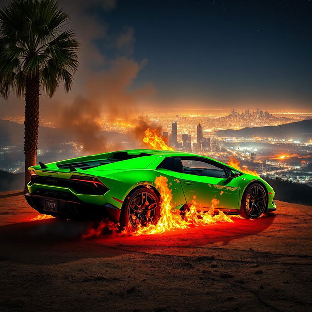 A dramatic scene featuring a bright green Lamborghini engulfed in flames, positioned beside palm trees on a mountaintop overlooking Los Angeles