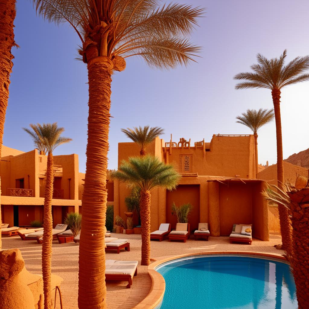 An exotic hotel nested in the heart of Siwa Oasis with lush palm trees, crystalline pools, and characteristic desert architecture.